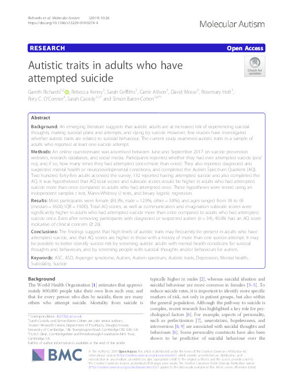 Autistic traits in adults who have attempted suicide Thumbnail