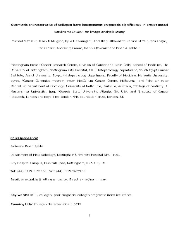 Geometric characteristics of collagen have independent prognostic significance in breast ductal carcinoma in situ: an image analysis study Thumbnail