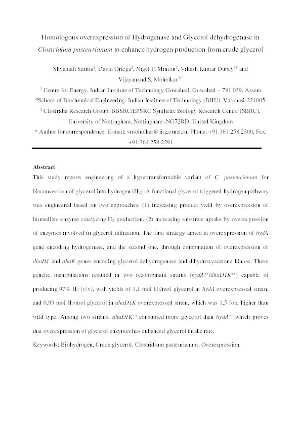 Homologous overexpression of hydrogenase and glycerol dehydrogenase in Clostridium pasteurianum to enhance hydrogen production from crude glycerol Thumbnail