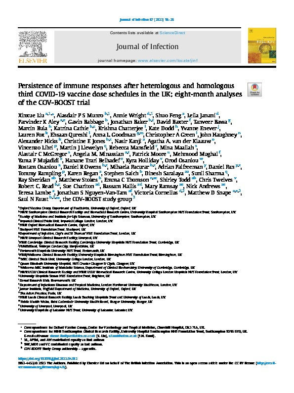 Persistence of immune responses after heterologous and homologous third COVID-19 vaccine dose schedules in the UK: eight-month analyses of the COV-BOOST trial Thumbnail