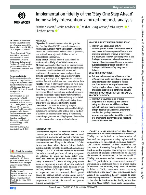 Implementation fidelity of the ‘Stay One Step Ahead’ home safety intervention: a mixed-methods analysis Thumbnail