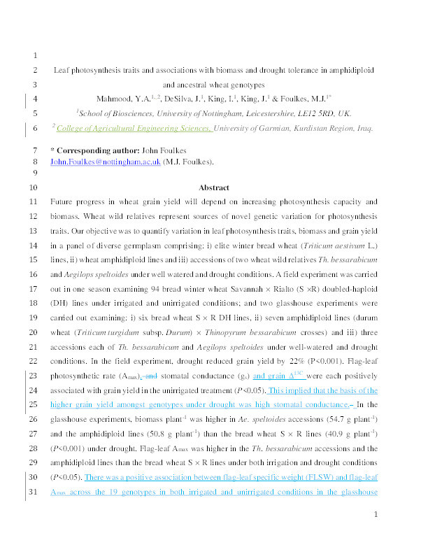 Leaf photosynthesis traits and associations with biomass and drought tolerance in amphidiploid and ancestral wheat genotypes Thumbnail