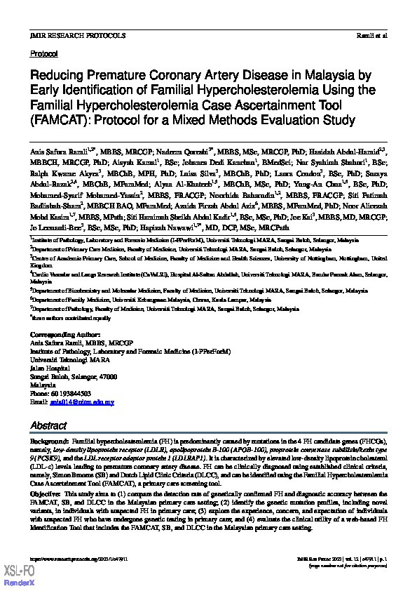 Reducing Premature Coronary Artery Disease in Malaysia by Early Identification of Familial Hypercholesterolemia Using the Familial Hypercholesterolemia Case Ascertainment Tool (FAMCAT): Protocol for a Mixed Methods Evaluation Study Thumbnail