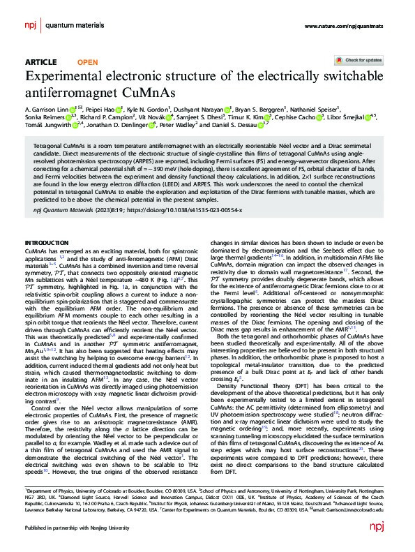 Experimental electronic structure of the electrically switchable antiferromagnet CuMnAs Thumbnail