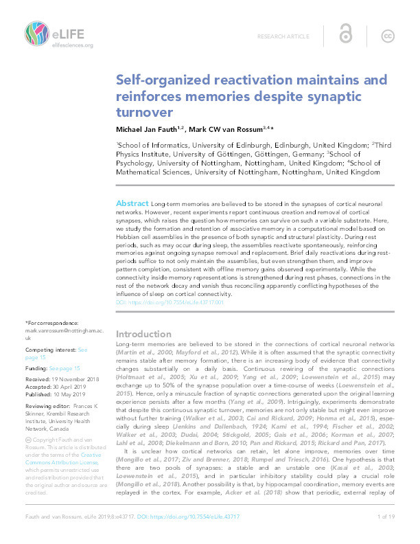 Self-organised reactivation maintains and reinforces memories despite synaptic turnover Thumbnail