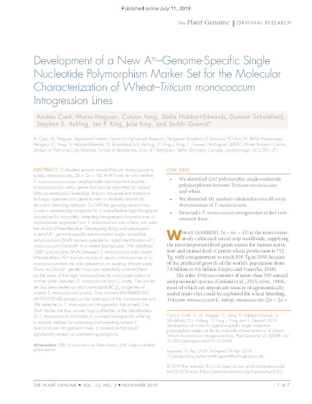 Development of a New A –Genome-Specific Single Nucleotide Polymorphism Marker Set for the Molecular Characterization of Wheat–  Introgression Lines Thumbnail