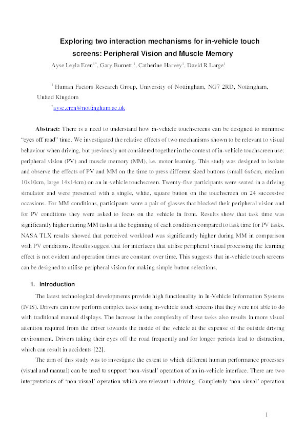 Exploring two interaction mechanisms for in-vehicle touch screens: Peripheral Vision and Muscle Memory Thumbnail