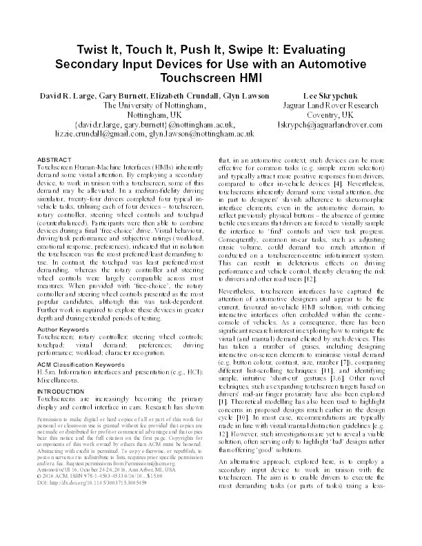 Twist It, Touch It, Push It, Swipe It: Evaluating Secondary Input Devices for Use with an Automotive Touchscreen HMI Thumbnail