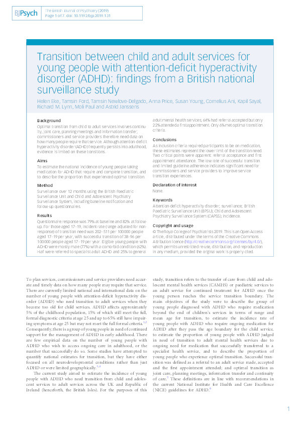 Transition between child and adult services for young people with attention-deficit hyperactivity disorder (ADHD): findings from a British national surveillance study Thumbnail