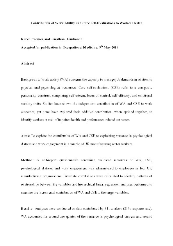 Contribution of work ability and core self-evaluations to worker health Thumbnail