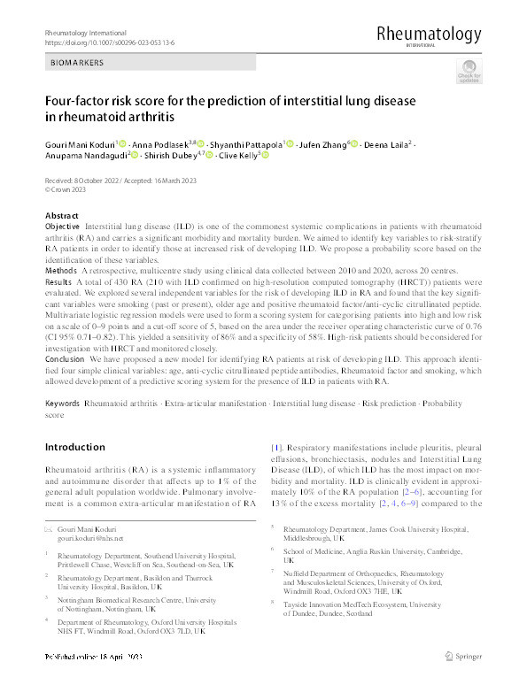 Four-factor risk score for the prediction of interstitial lung disease in rheumatoid arthritis Thumbnail