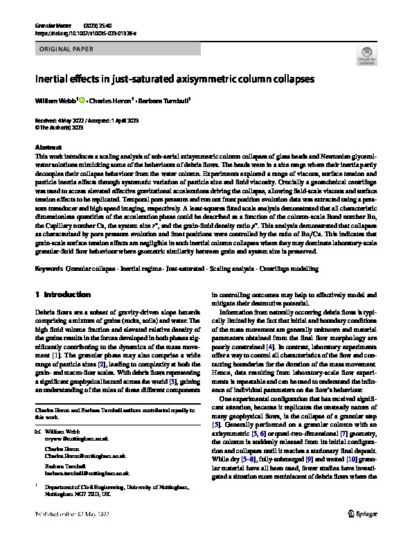 Inertial effects in just-saturated axisymmetric column collapses Thumbnail