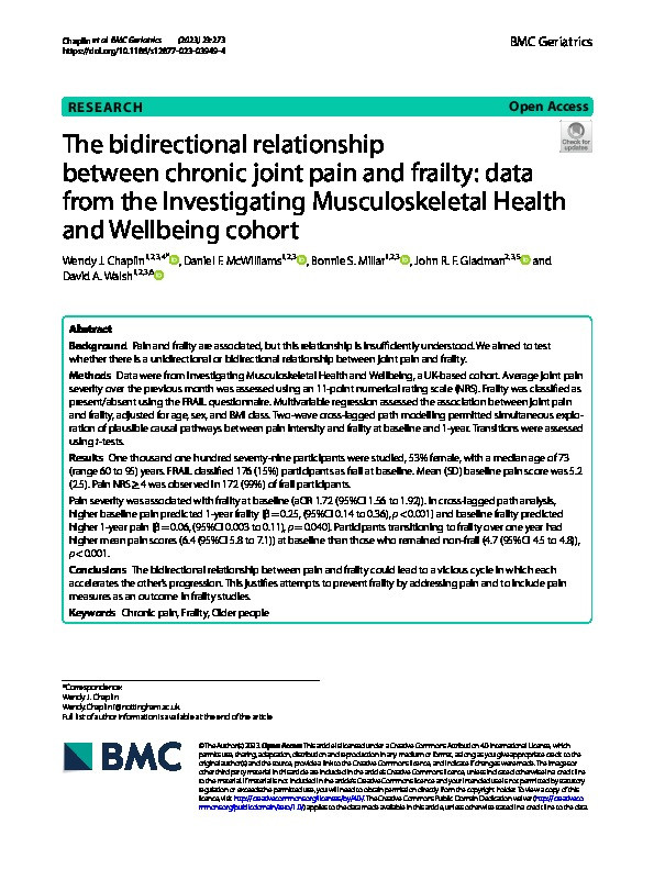 The bidirectional relationship between chronic joint pain and frailty: data from the Investigating Musculoskeletal Health and Wellbeing cohort Thumbnail