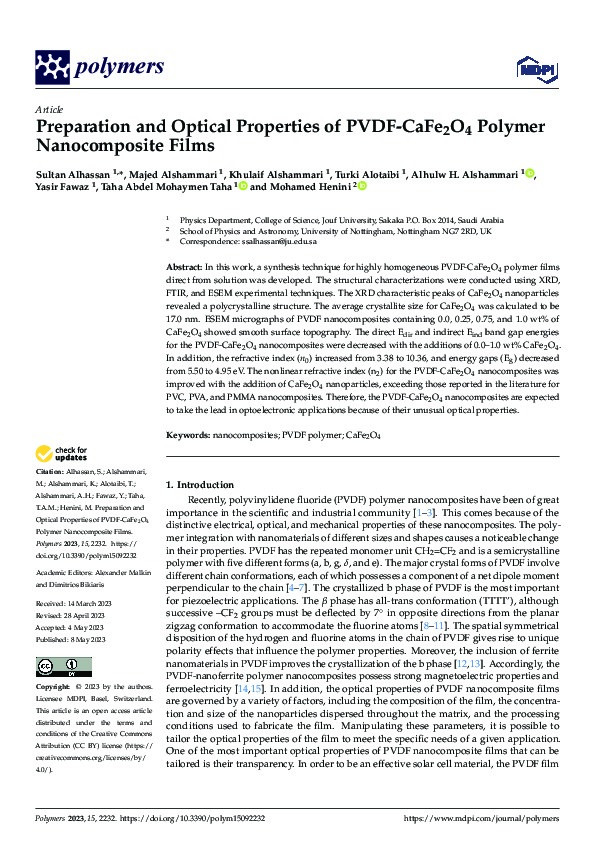 Preparation and Optical Properties of PVDF-CaFe2O4 Polymer Nanocomposite Films Thumbnail