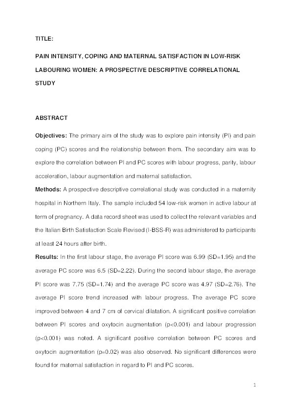 Pain intensity, coping and maternal satisfaction in low-risk labouring women: a prospective descriptive correlational study Thumbnail