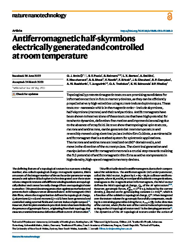 Antiferromagnetic half-skyrmions electrically generated and controlled at room temperature Thumbnail