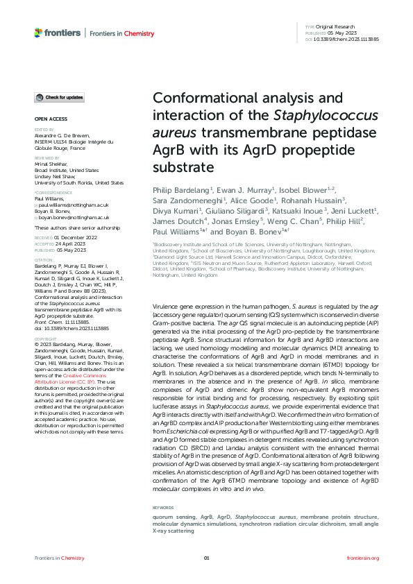 Conformational analysis and interaction of the Staphylococcus aureus transmembrane peptidase AgrB with its AgrD propeptide substrate Thumbnail