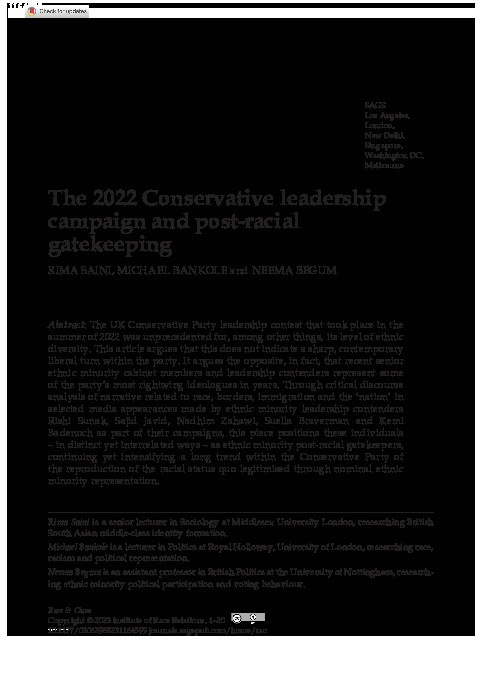 The 2022 Conservative leadership campaign and post-racial gatekeeping Thumbnail