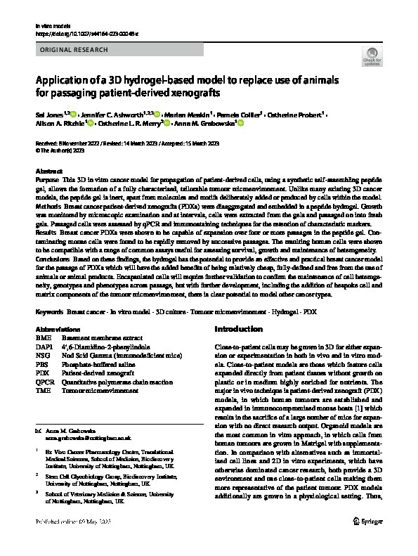 Application of a 3D hydrogel-based model to replace use of animals for passaging patient-derived xenografts Thumbnail