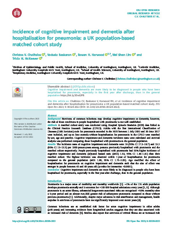 Incidence of cognitive impairment and dementia after hospitalisation for pneumonia: a UK population-based matched cohort study Thumbnail