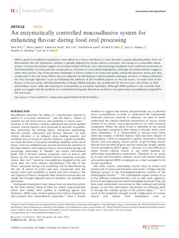 An enzymatically controlled mucoadhesive for enhancing flavour during food oral processing Thumbnail