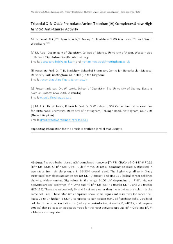 Tripodal O-N-O bis-Phenolato Amine Titanium(IV) Complexes Show High In Vitro Anti-Cancer Activity Thumbnail