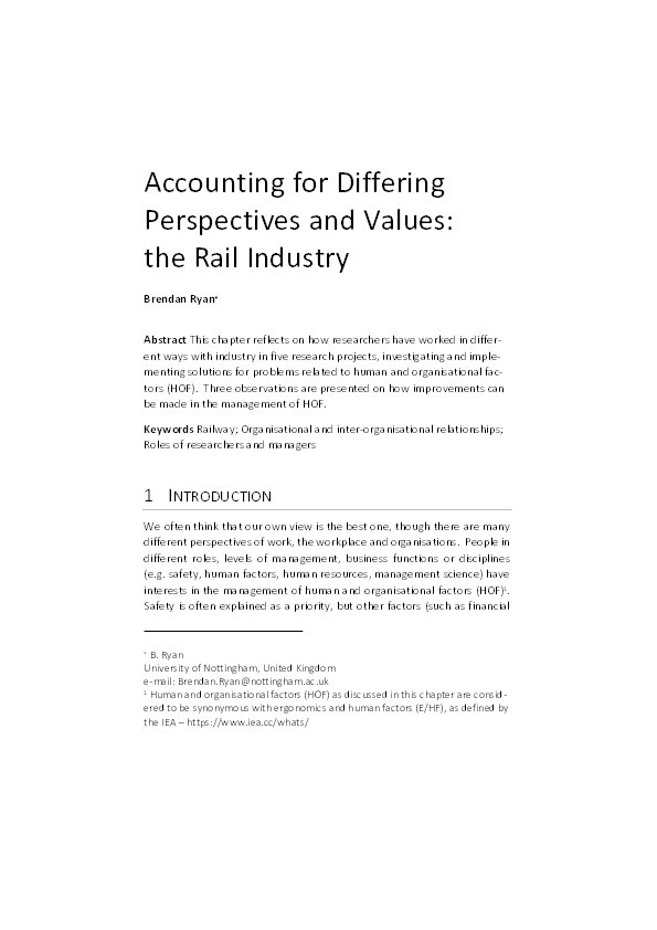 Book cover Human and Organisational Factors pp 5–13Cite as  Accounting for Differing Perspectives and Values: The Rail Industry Thumbnail