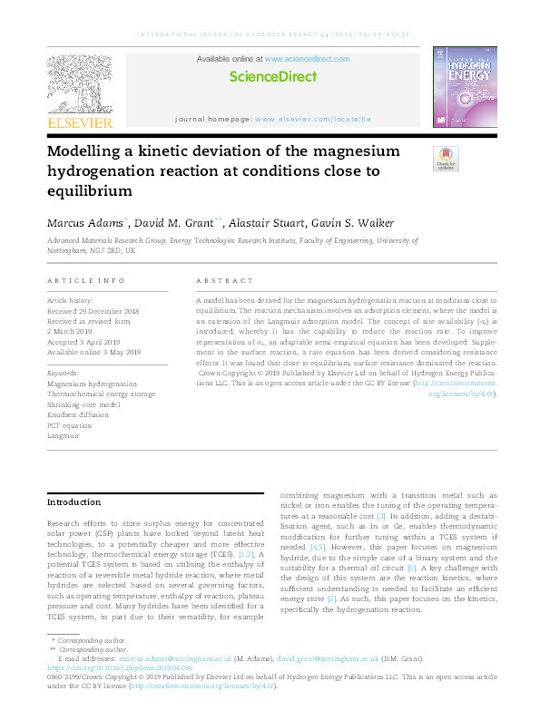 Modelling a kinetic deviation of the magnesium hydrogenation reaction at conditions close to equilibrium Thumbnail