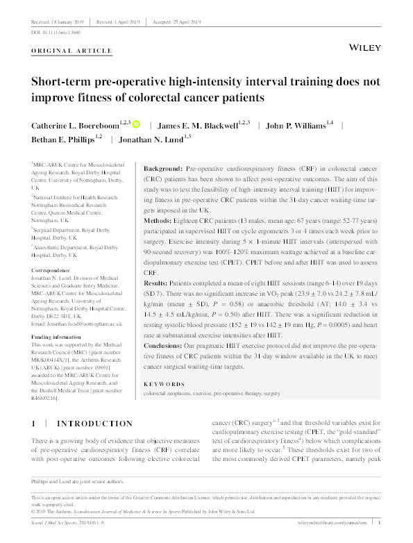 Short-term pre-operative high-intensity interval training does not improve fitness of colorectal cancer patients Thumbnail