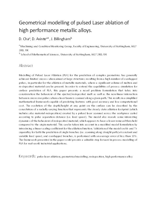 Geometrical modelling of pulsed laser ablation of high performance metallic alloys Thumbnail