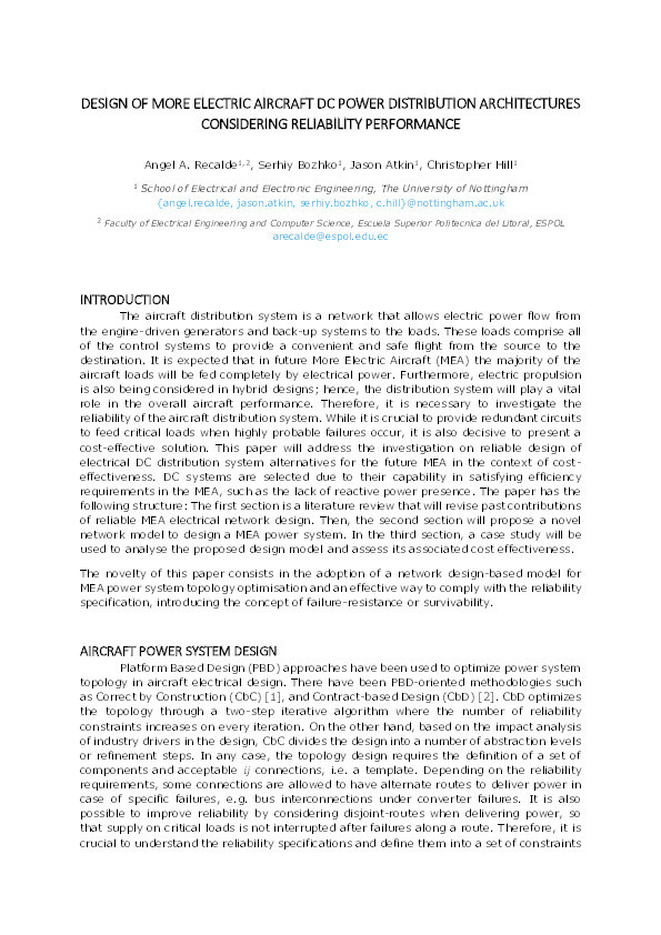 Design of more electric aircraft dc power distribution architectures considering reliability performance Thumbnail