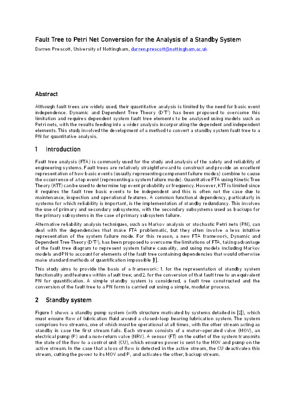 Fault Tree to Petri Net Conversion for the Analysis of a Standby System Thumbnail