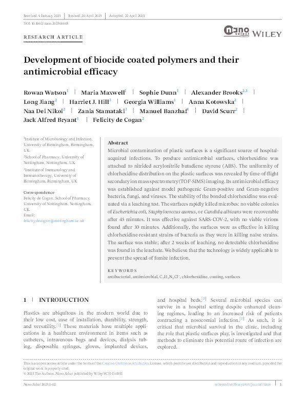 Development of biocide coated polymers and their antimicrobial efficacy Thumbnail