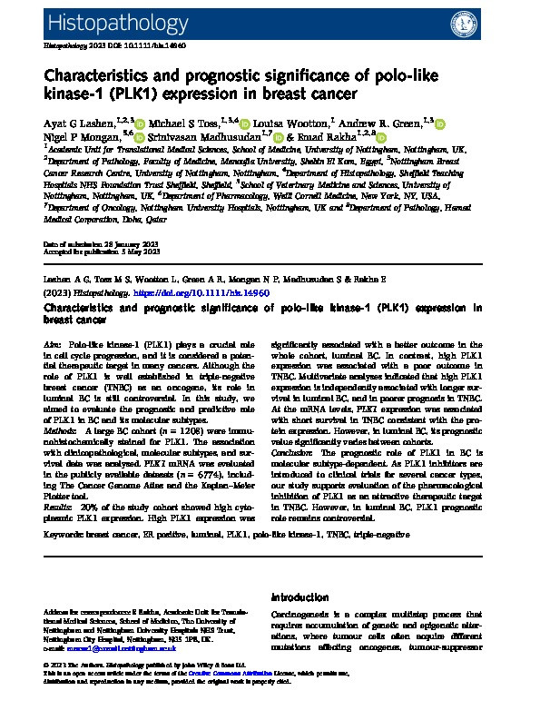 Characteristics and prognostic significance of polo-like kinase-1 (PLK1) expression in breast cancer Thumbnail