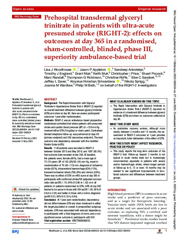 Prehospital transdermal glyceryl trinitrate in patients with ultra-acute presumed stroke (RIGHT-2): effects on outcomes at day 365 in a randomised, sham-controlled, blinded, phase III, superiority ambulance-based trial Thumbnail