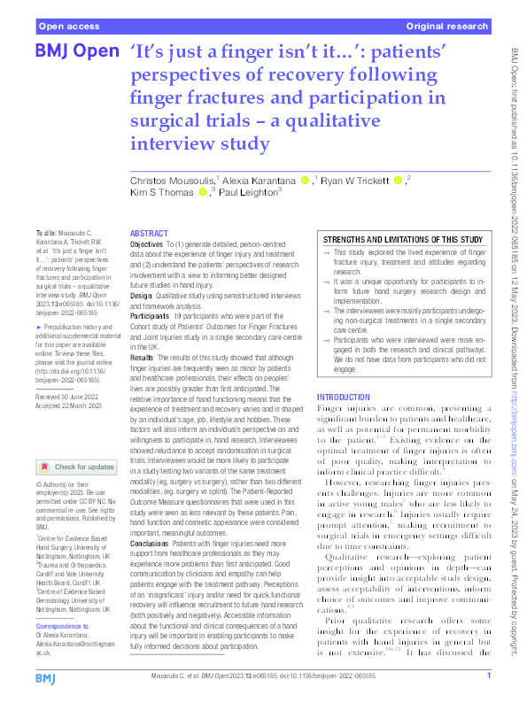 ‘It’s just a finger isn’t it…’: patients’ perspectives of recovery following finger fractures and participation in surgical trials – a qualitative interview study Thumbnail