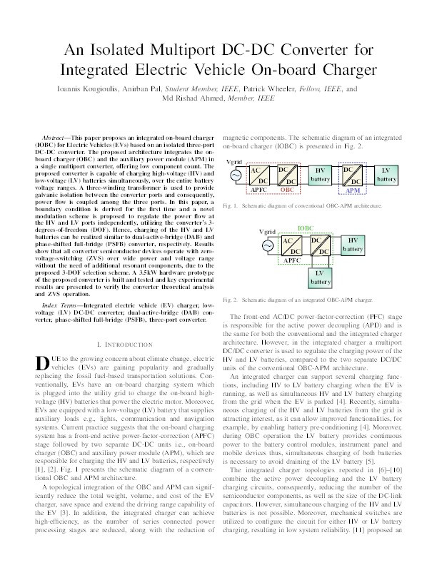 An Isolated Multiport DC–DC Converter for Integrated Electric Vehicle On-Board Charger Thumbnail