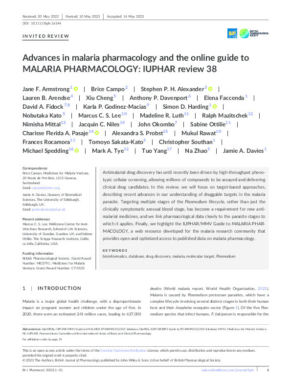 Advances in malaria pharmacology and the online guide to MALARIA PHARMACOLOGY: IUPHAR review 38 Thumbnail