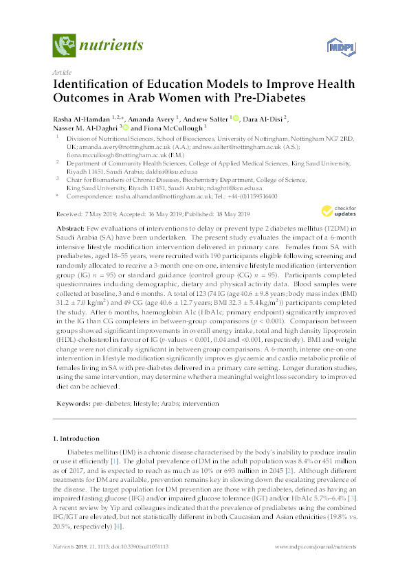 Identification of Education Models to Improve Health Outcomes in Arab Women with Pre-Diabetes Thumbnail