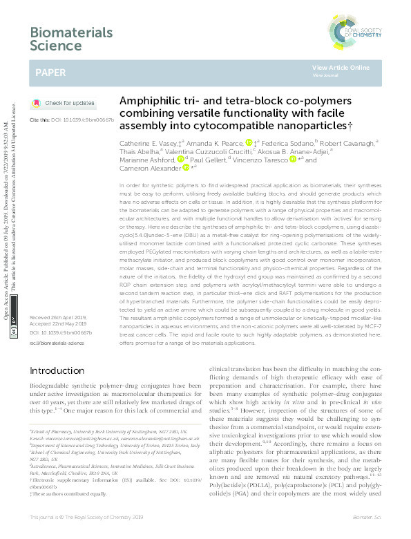 Amphiphilic tri- and tetra-block co-polymers combining versatile functionality with facile assembly into cytocompatible nanoparticles Thumbnail