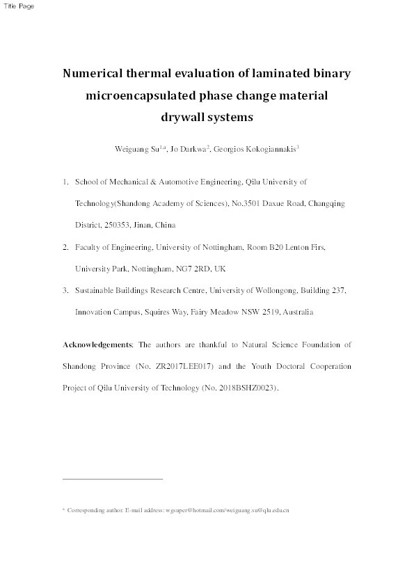 Numerical thermal evaluation of laminated binary microencapsulated phase change material drywall systems Thumbnail