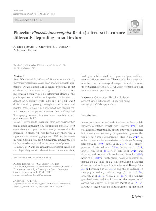 Phacelia (Phacelia tanacetifolia Benth.) affects soil structure differently depending on soil texture Thumbnail