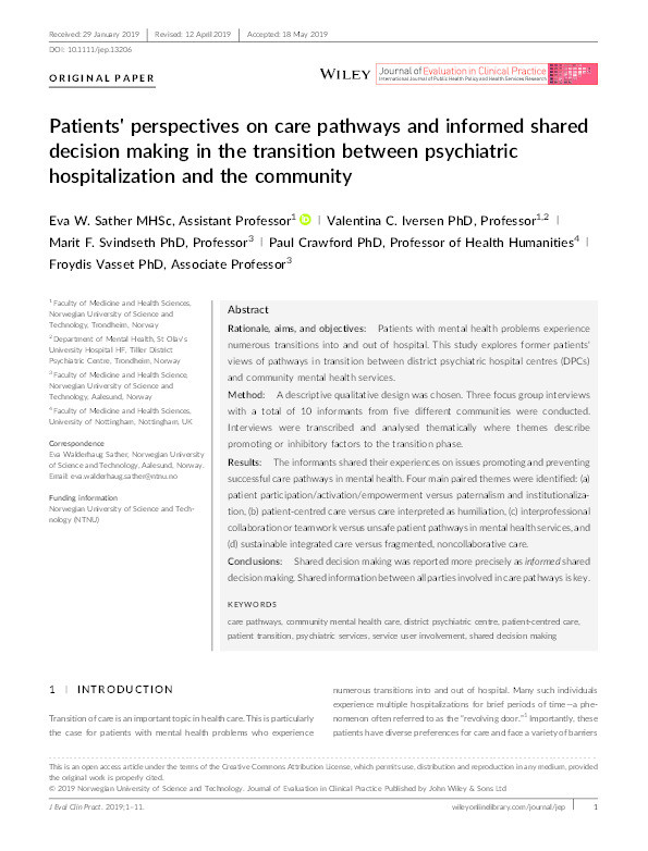 Patients' perspectives on care pathways and informed shared decision making in the transition between psychiatric hospitalization and the community Thumbnail