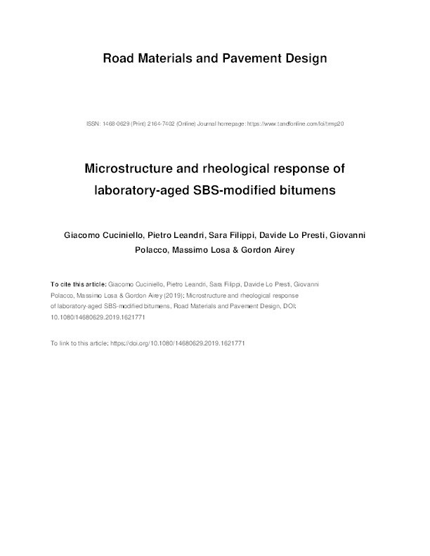 Microstructure and rheological response of laboratory-aged SBS-modified bitumens Thumbnail