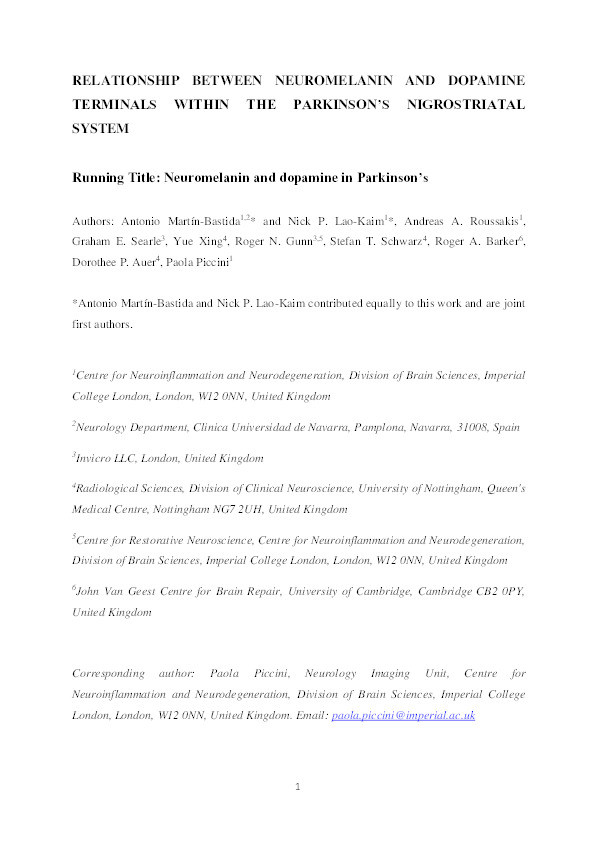 Relationship between neuromelanin and dopamine terminals within the Parkinson’s nigrostriatal system Thumbnail