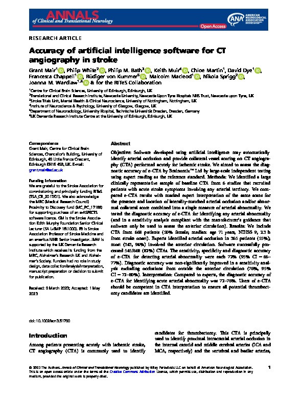 Accuracy of artificial intelligence software for CT angiography in stroke Thumbnail