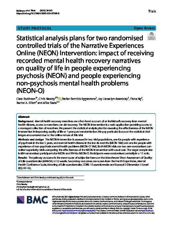 Statistical analysis plans for two randomised controlled trials of the Narrative Experiences Online (NEON) Intervention: impact of receiving recorded mental health recovery narratives on quality of life in people experiencing psychosis (NEON) and people experiencing non-psychosis mental health problems (NEON-O) Thumbnail