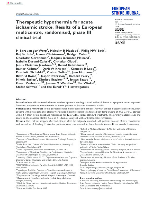 Therapeutic hypothermia for acute ischaemic stroke. Results of a European multicentre, randomised, phase III clinical trial Thumbnail