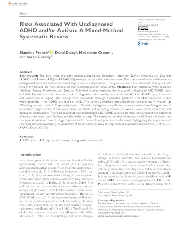 Risks Associated With Undiagnosed ADHD and/or Autism: A Mixed-Method Systematic Review Thumbnail