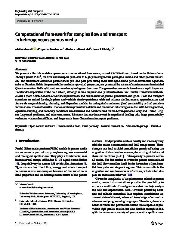 Computational framework for complex flow and transport in heterogeneous porous media Thumbnail